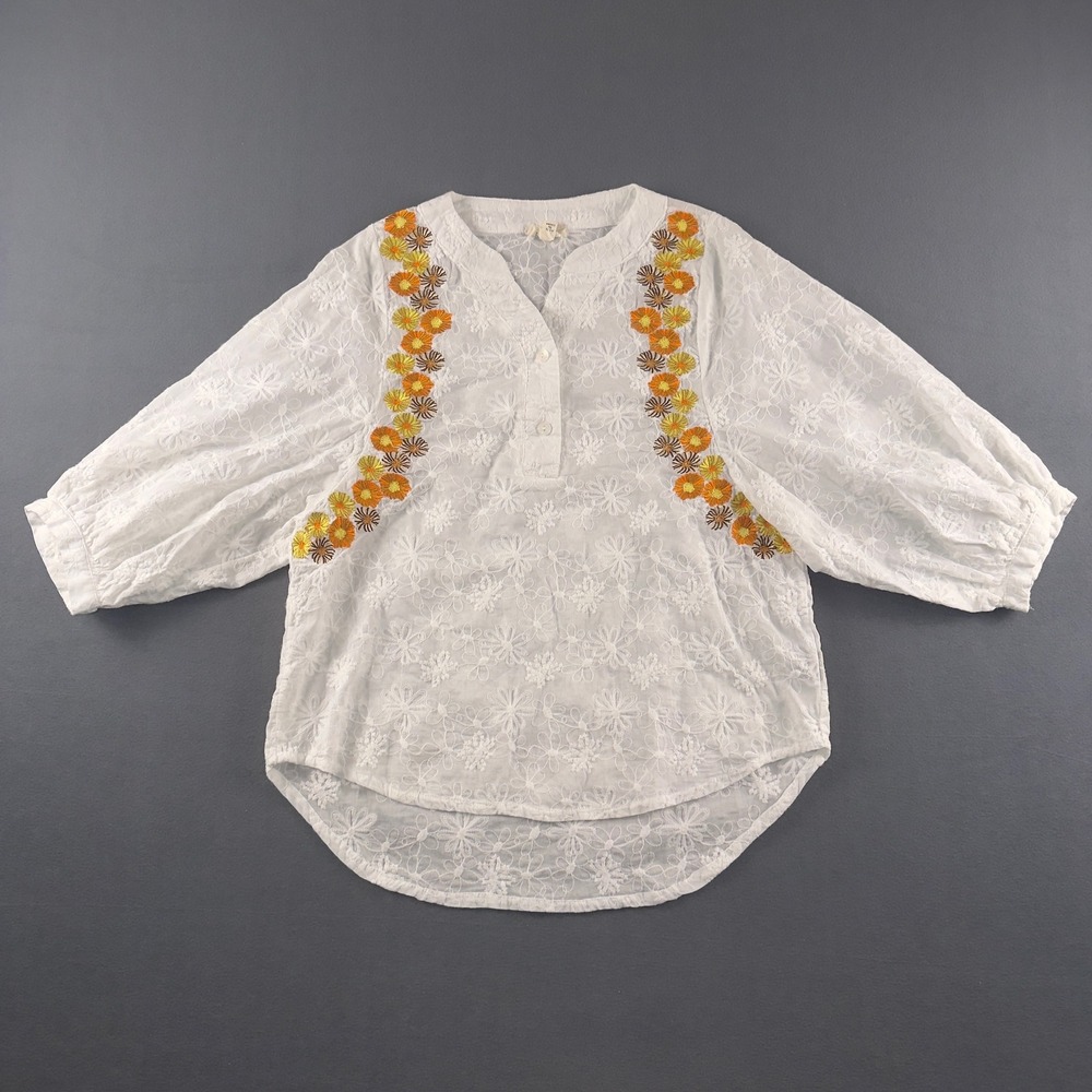 POL White Cotton Eyelet Floral Embroidered Balloon Sleeve Blouse NNT29A Small